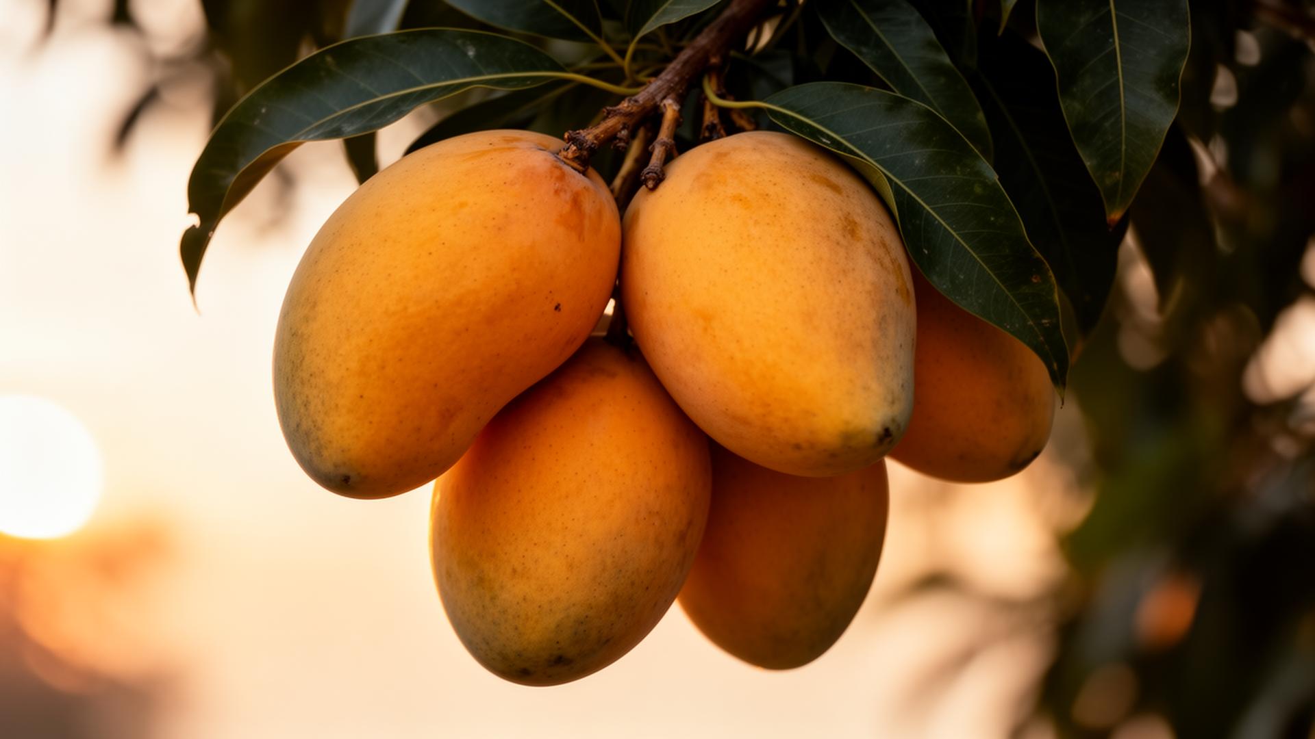 A cluster of ripe golden Pedda Rasalu mangoes hanging on the tree at sunset in the Yannam orchard